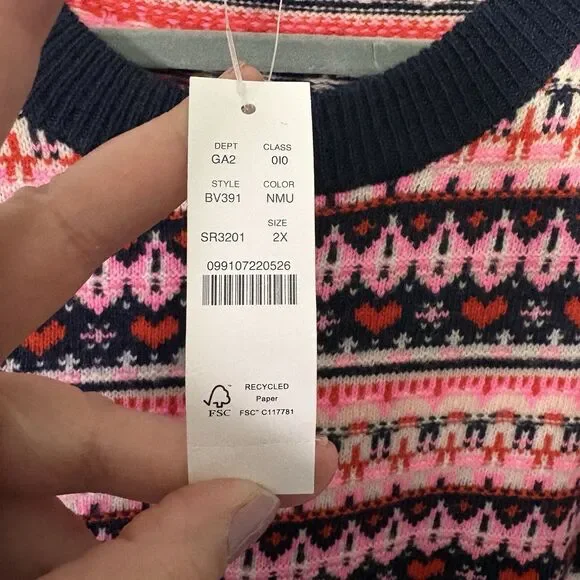 J Crew Women’s Fair Isle Winter Sweater Pink Blue Heart Nordic Sz 2X Wool Blend - Picture 4 of 9